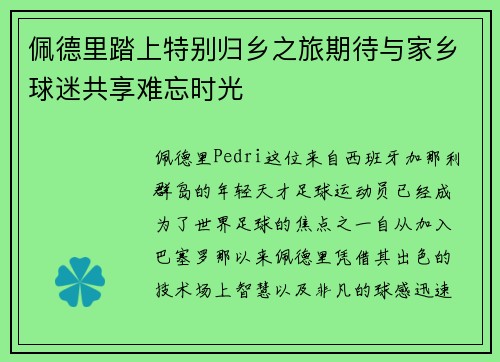 佩德里踏上特别归乡之旅期待与家乡球迷共享难忘时光